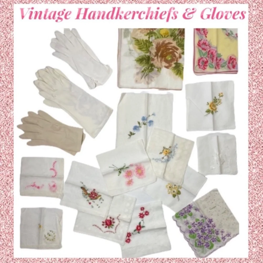 Vintage Gloves & Vintage Handkerchief Set Romantic Floral Antique Linen Bundle